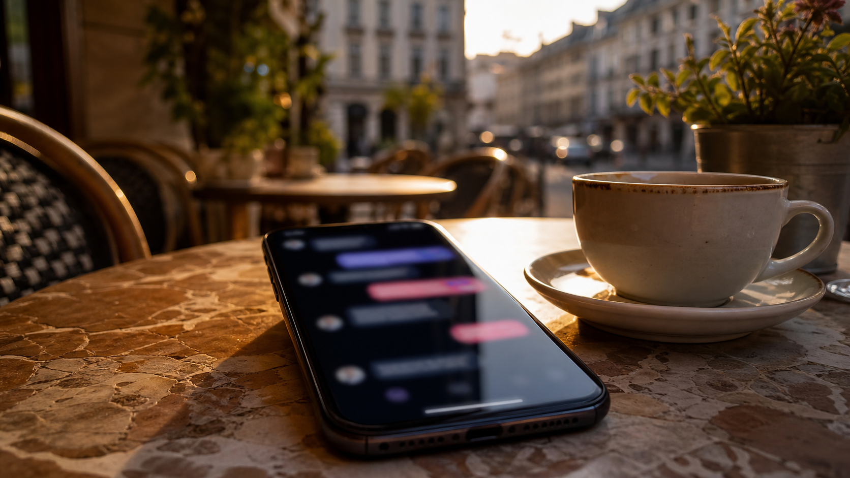 Smartphone avec discussion dating sur une table de café à Bruxelles pour choisir un site de rencontre en Belgique
